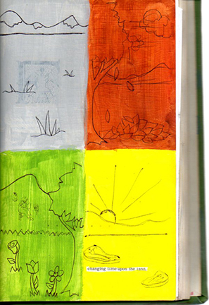 This drawing has four sections for the four different seasons. In the Summer (yellow) season, I drew steaks on the ground in my sleep, as well as a lightly-drawn woman gardening on the hill in the background of the Spring (green) season.